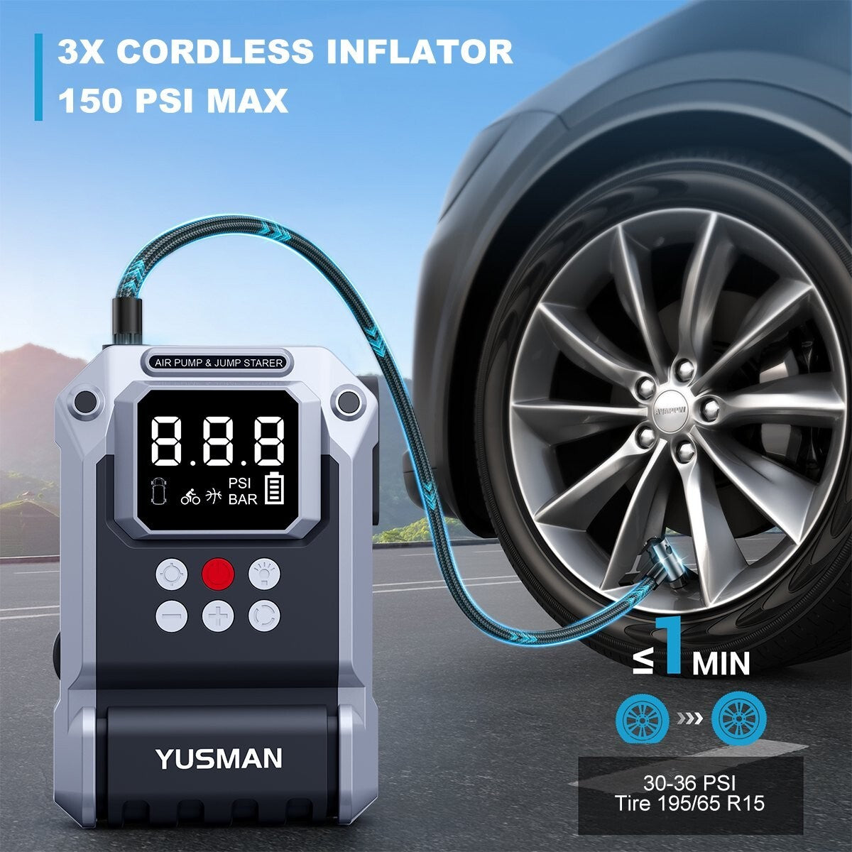 8000A 3 in 1 Car Jump Starter Air Compressor Pack USB LED Power Bank Battery Kit