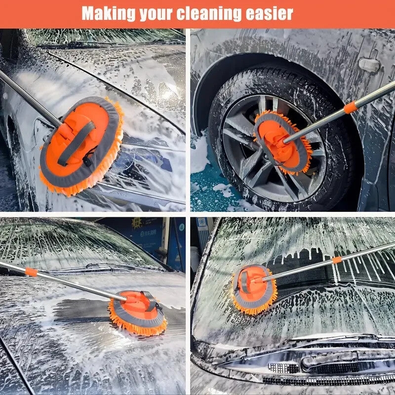 1x Microfibre Extendable Car Wash Brush - 47" Blue Telescopic Chenille Mop Head