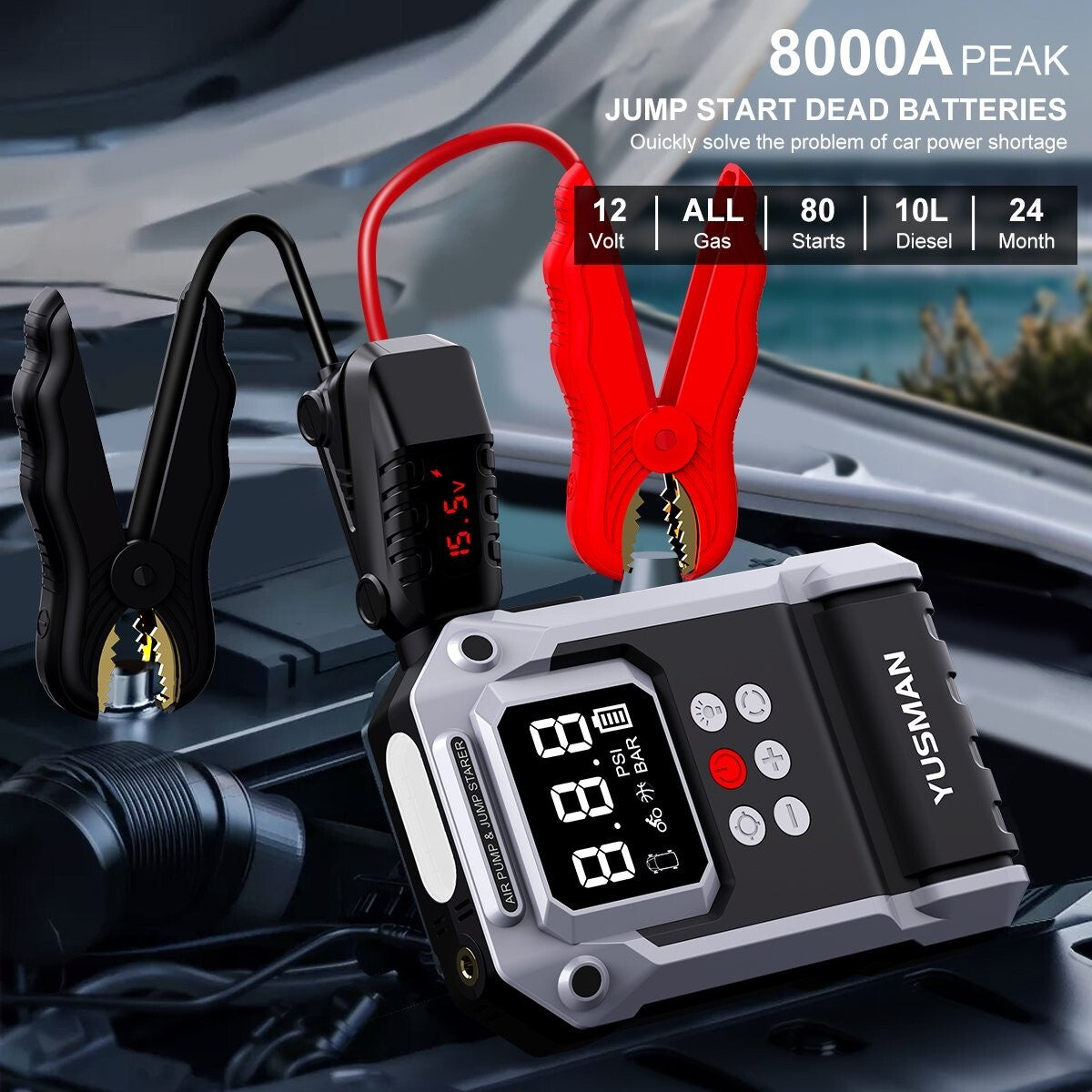 8000A 3 in 1 Car Jump Starter Air Compressor Pack USB LED Power Bank Battery Kit