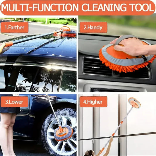 1x Microfibre Extendable Car Wash Brush -  47" Blue Telescopic Chenille Mop Head
